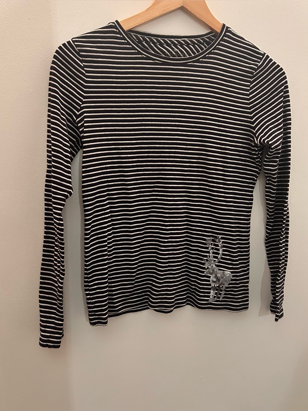 Striped Long-Sleeve Tee with Sequin Reindeer